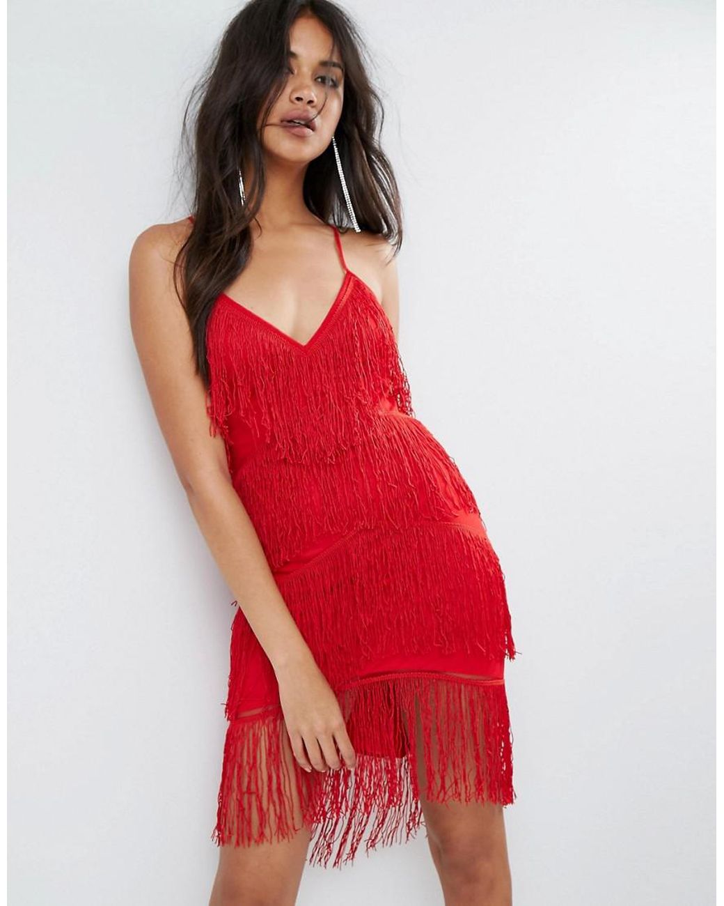 Fringe mesh strappy top midi bodycon dress