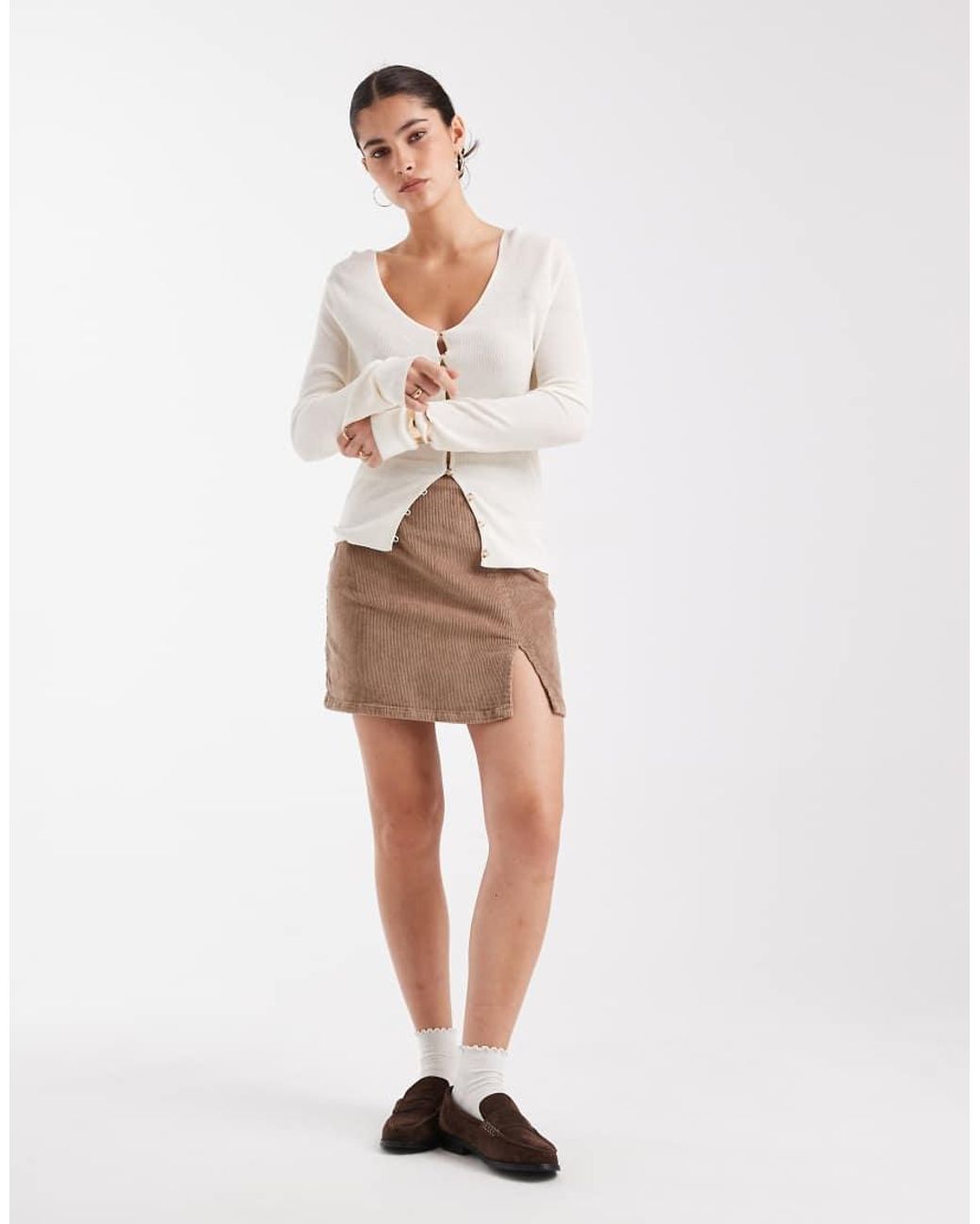 Vero Moda Natural Corduroy Notch Front Mini Skirt