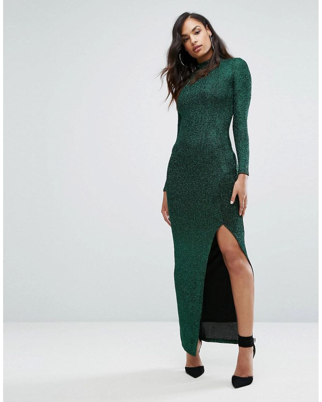 Lipsy Glitter Maxi Dress With Split in Green | Lyst