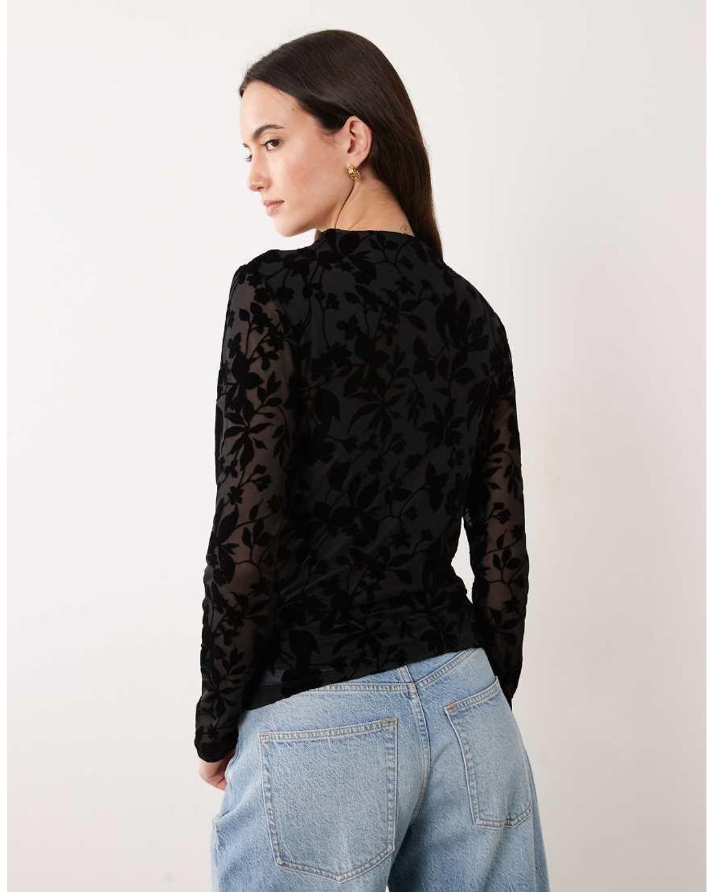 Vila Black High Neck Ruched Velvet Devore Mesh Top