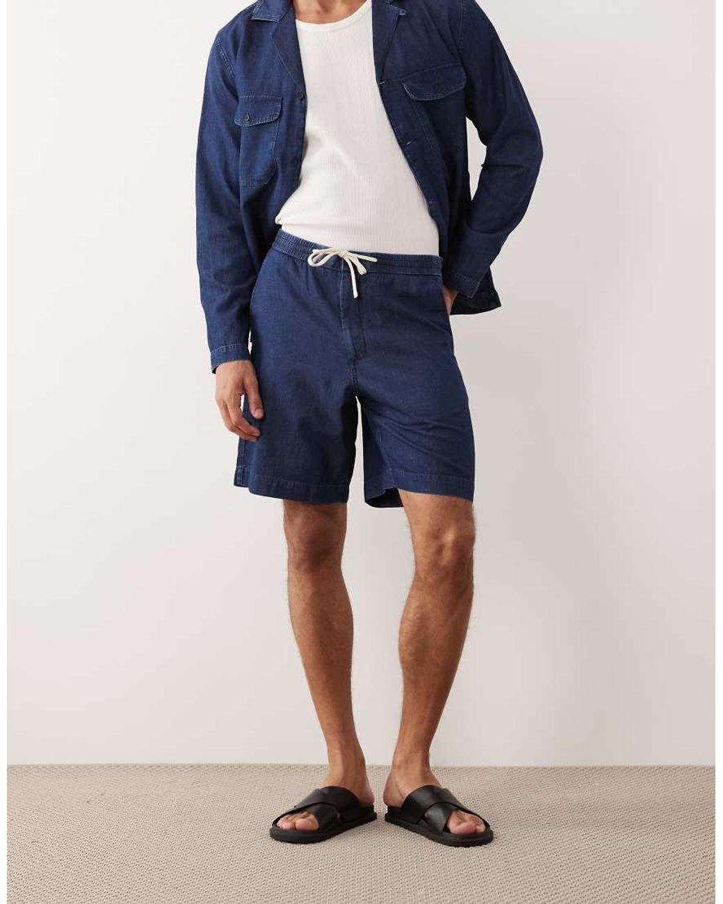 Mango Blue Cotton Mix Denim Look Relaxed Fit Shorts for men