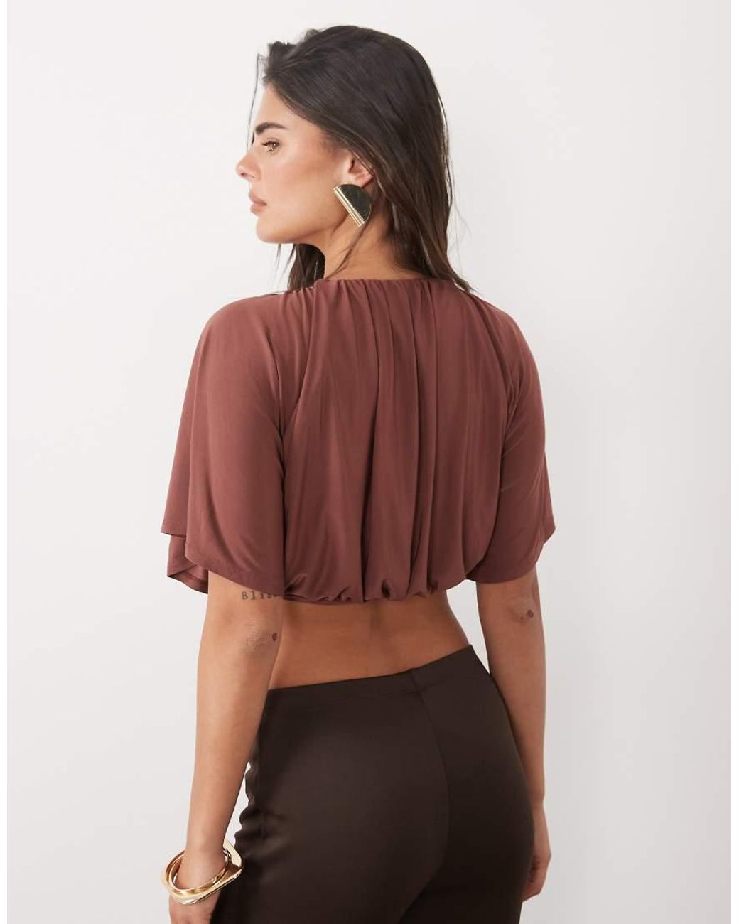 ASOS Brown Ruched Floaty Crop Top With Shell Detail
