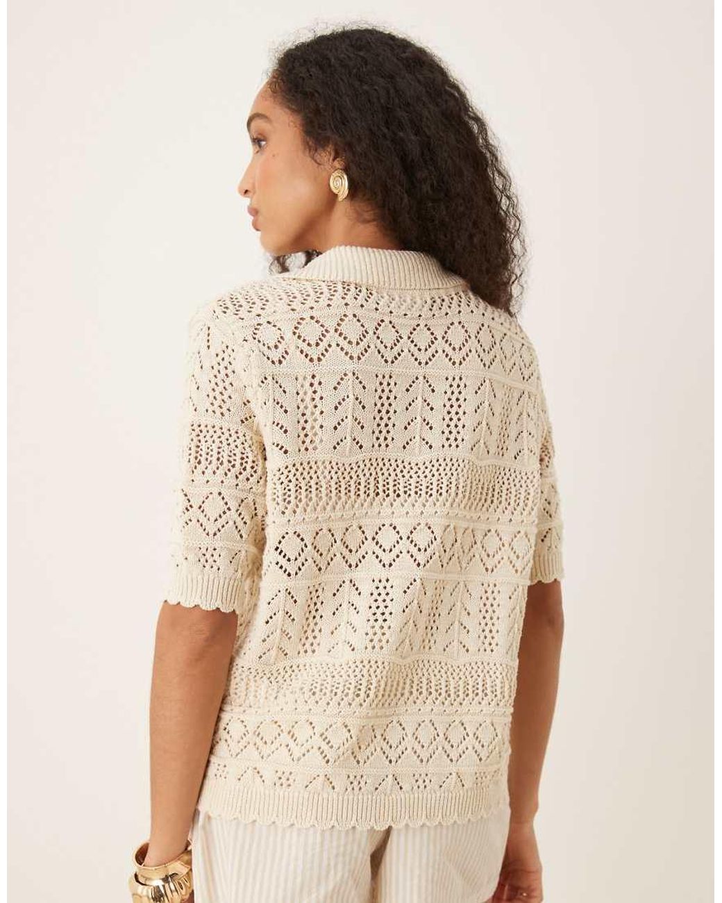 Vila Natural Patterned Crochet Short Sleeve Knitted Polo Top