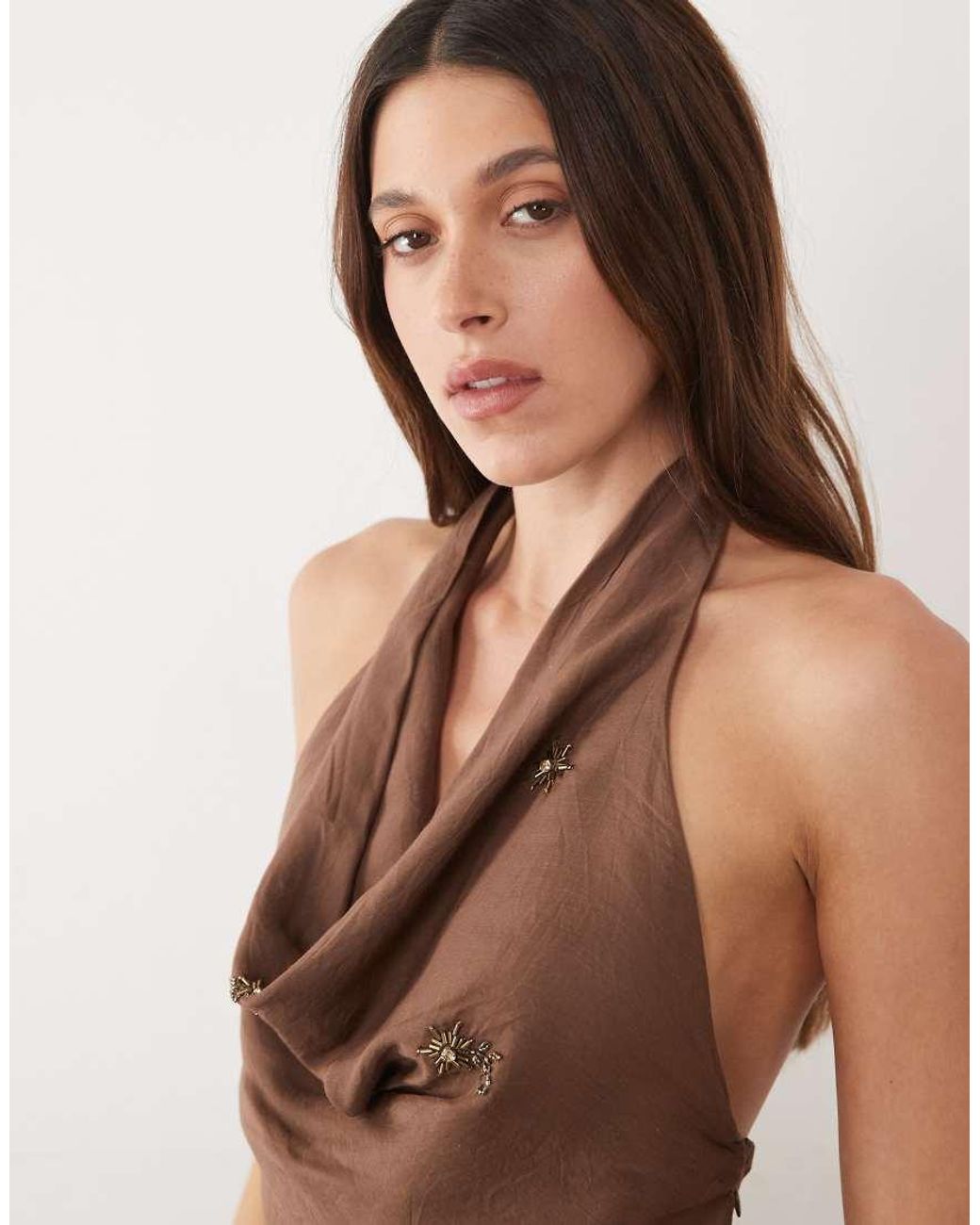 Mango Brown Soliel Embellished Halterneck Top Co-Ord