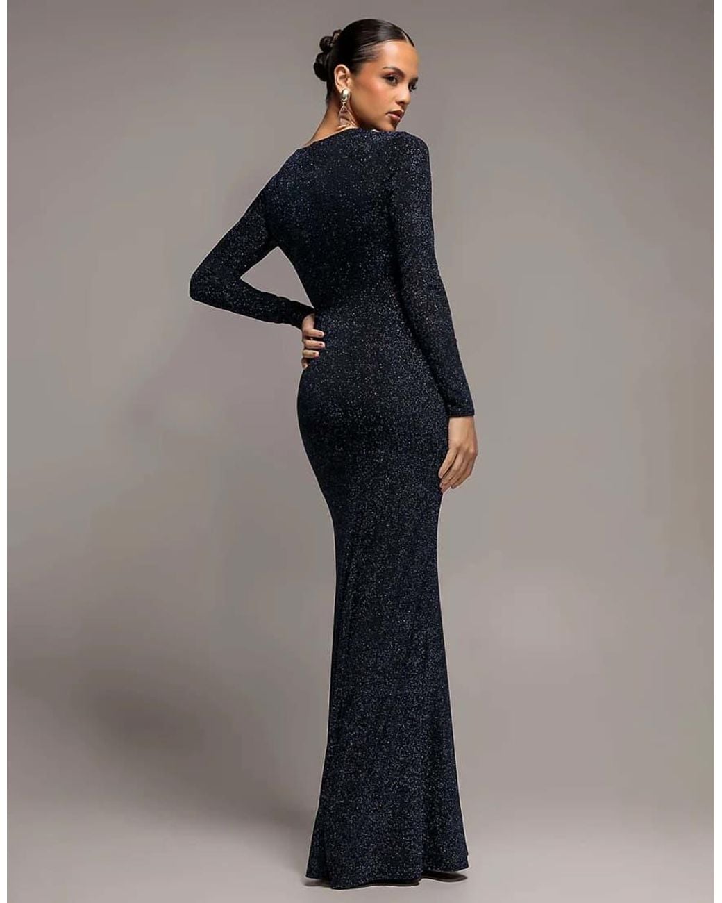 Goddiva Gray Plunge Neck Long Sleeve Front Draped Sparkling Maxi Dress
