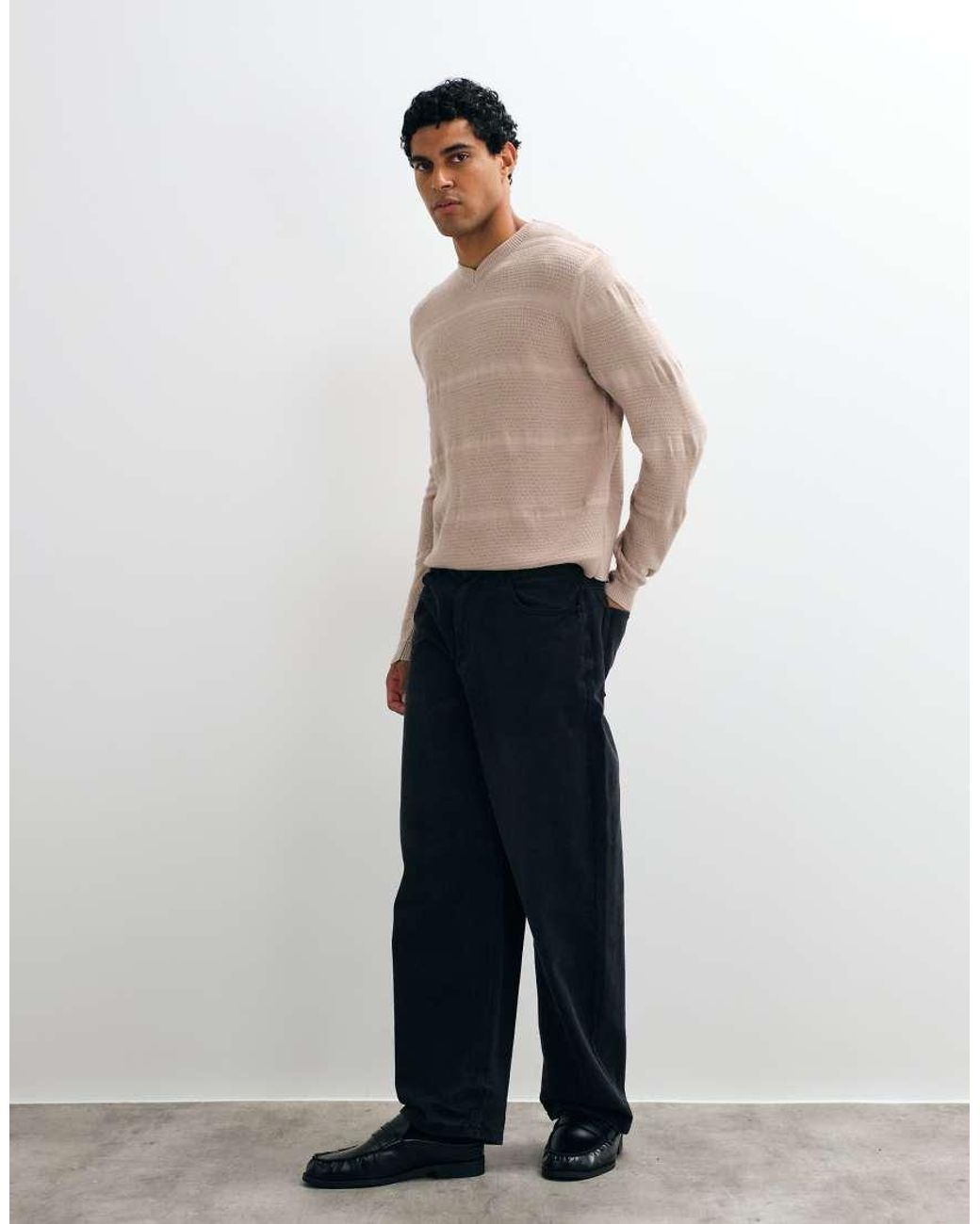 ASOS Natural Oversized Knitted V-neck Jumper for men