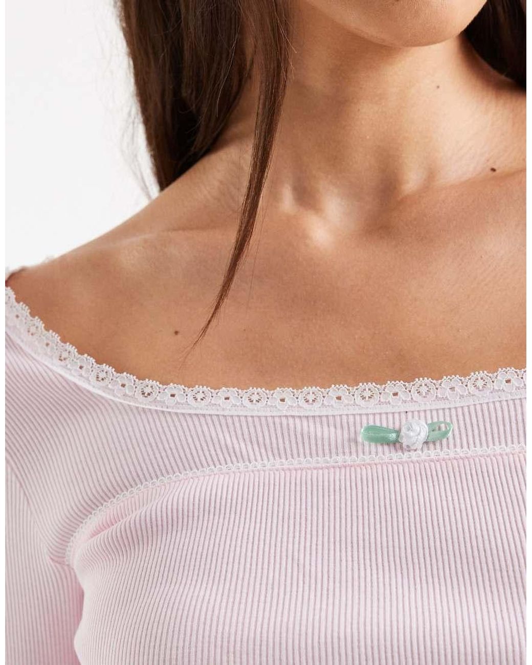 Miss Selfridge White Fitted Square Neck Rib Top With Lace Trim