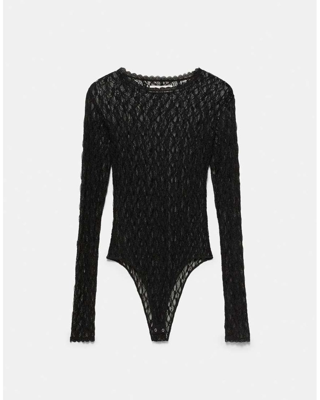 Pull&Bear Black Long Sleeve Lace Bodysuit