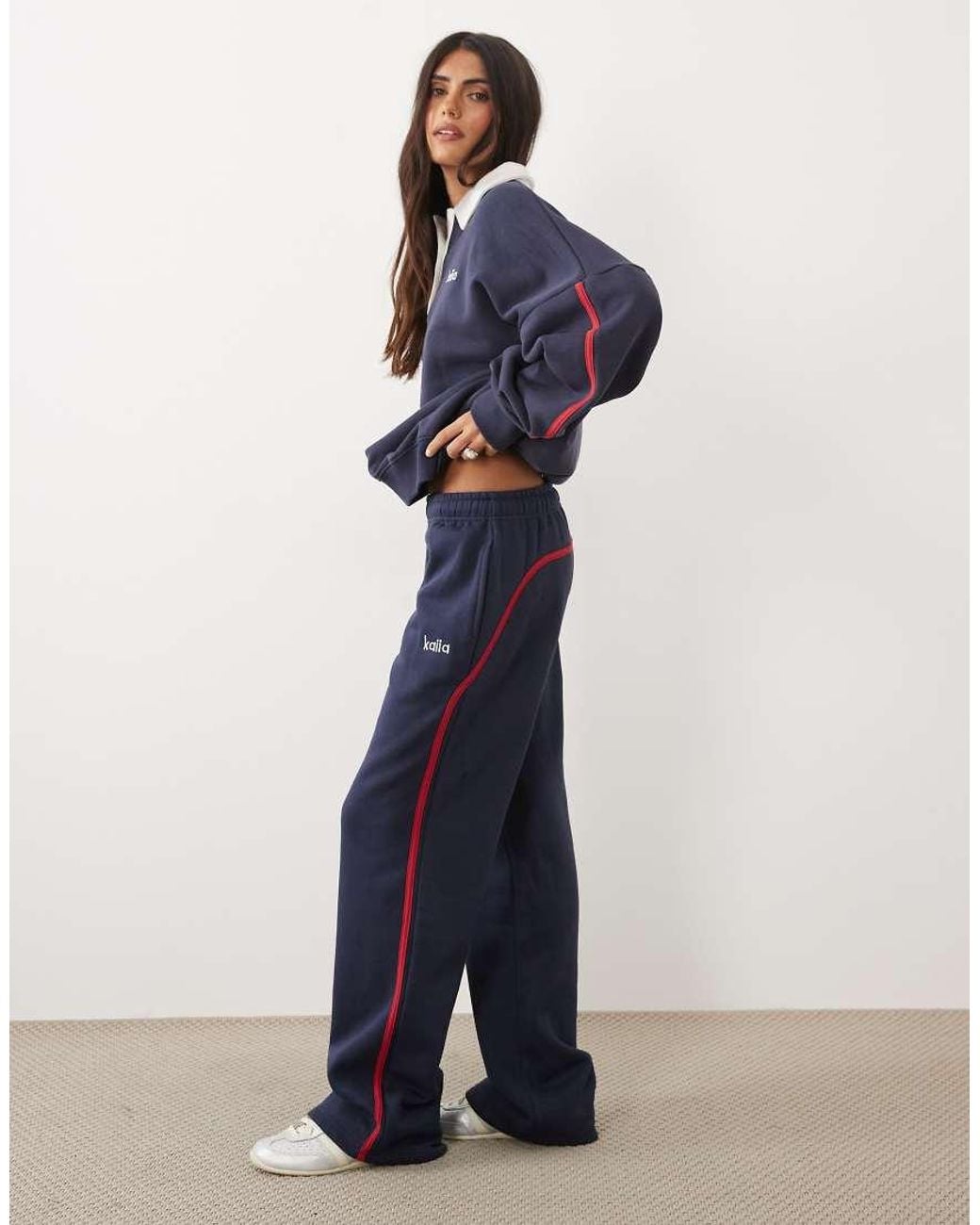 Kaiia Blue Cotton Rich Embroidered Logo Detail Side Stripe Wide Leg Joggers Co-Ord