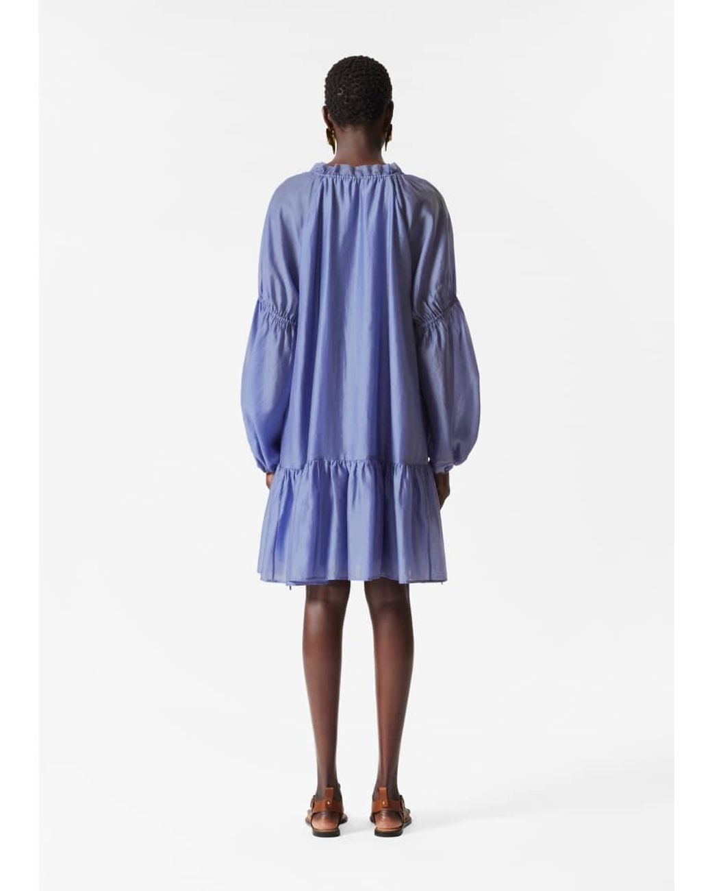 & Other Stories Blue Semi Sheer Mini Dress With Volume Sleeves