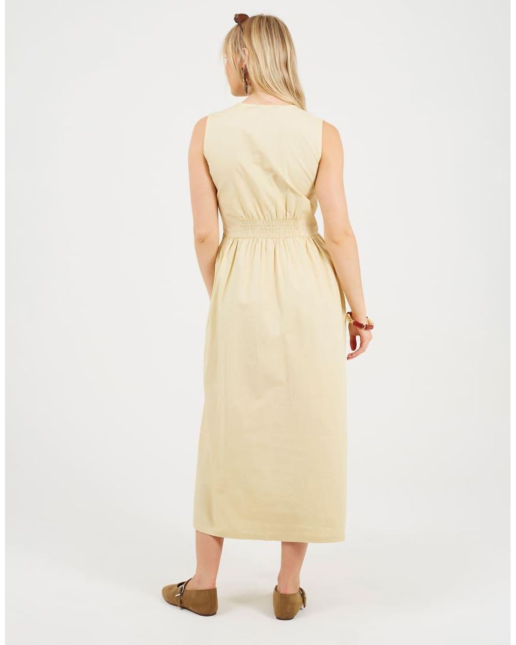 Brave Soul Natural Sleeveless V-Neck Button Down Midi Dress