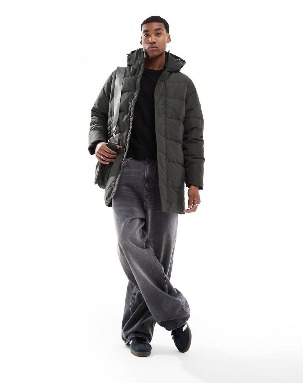 Only & Sons Black Longline Quilted Coat With Hood for men