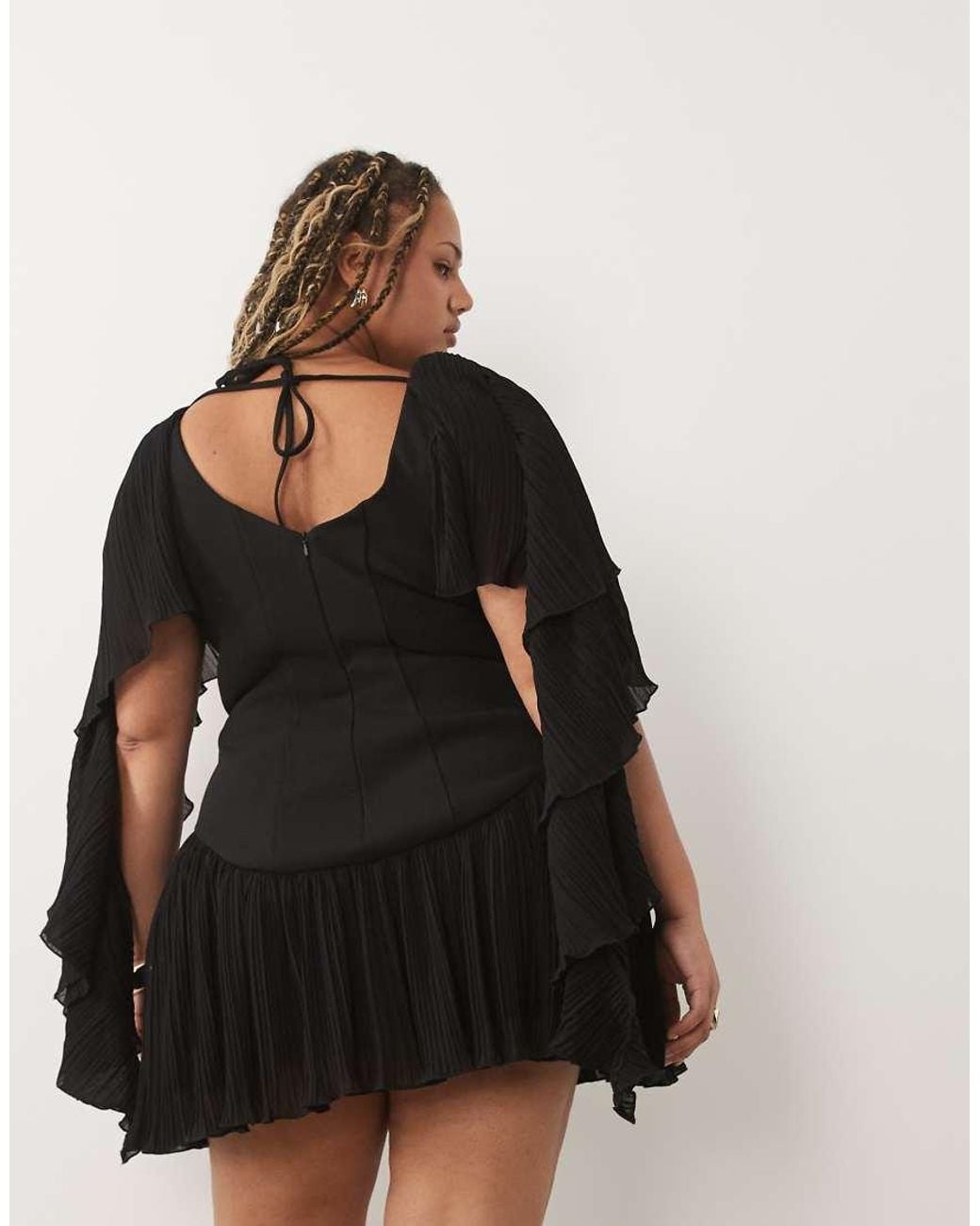 ASOS Black Curve Pleated Shoulder Drape Structured Mini Dress With Frill Skirt
