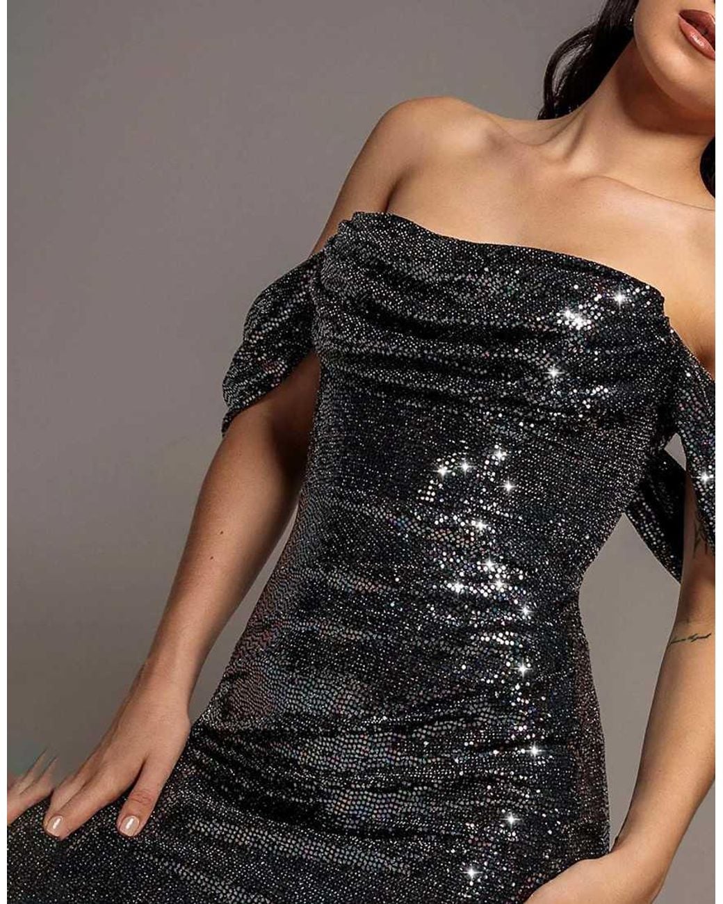 Goddiva Gray Sequin Sparkling Off Shoulder Cowl Bardot Maxi Dress