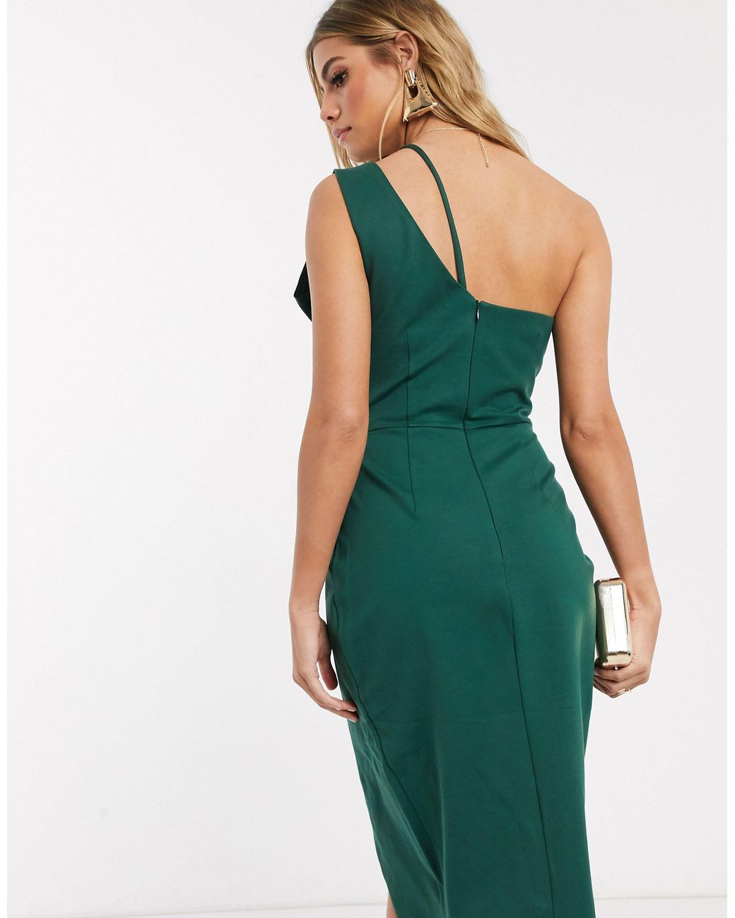lavish alice green one shoulder dress LAVISH ALICE PLEATED ASYMMETRIC OFF SHOULDER MIDI DRESS Arelia's Dream