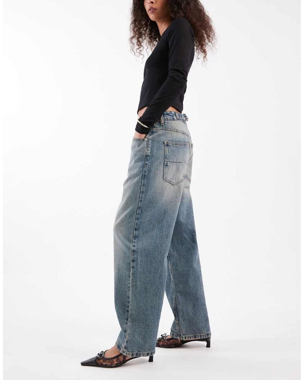ASOS Blue Ankle Grazer Barrel Jeans With Cinch Waist
