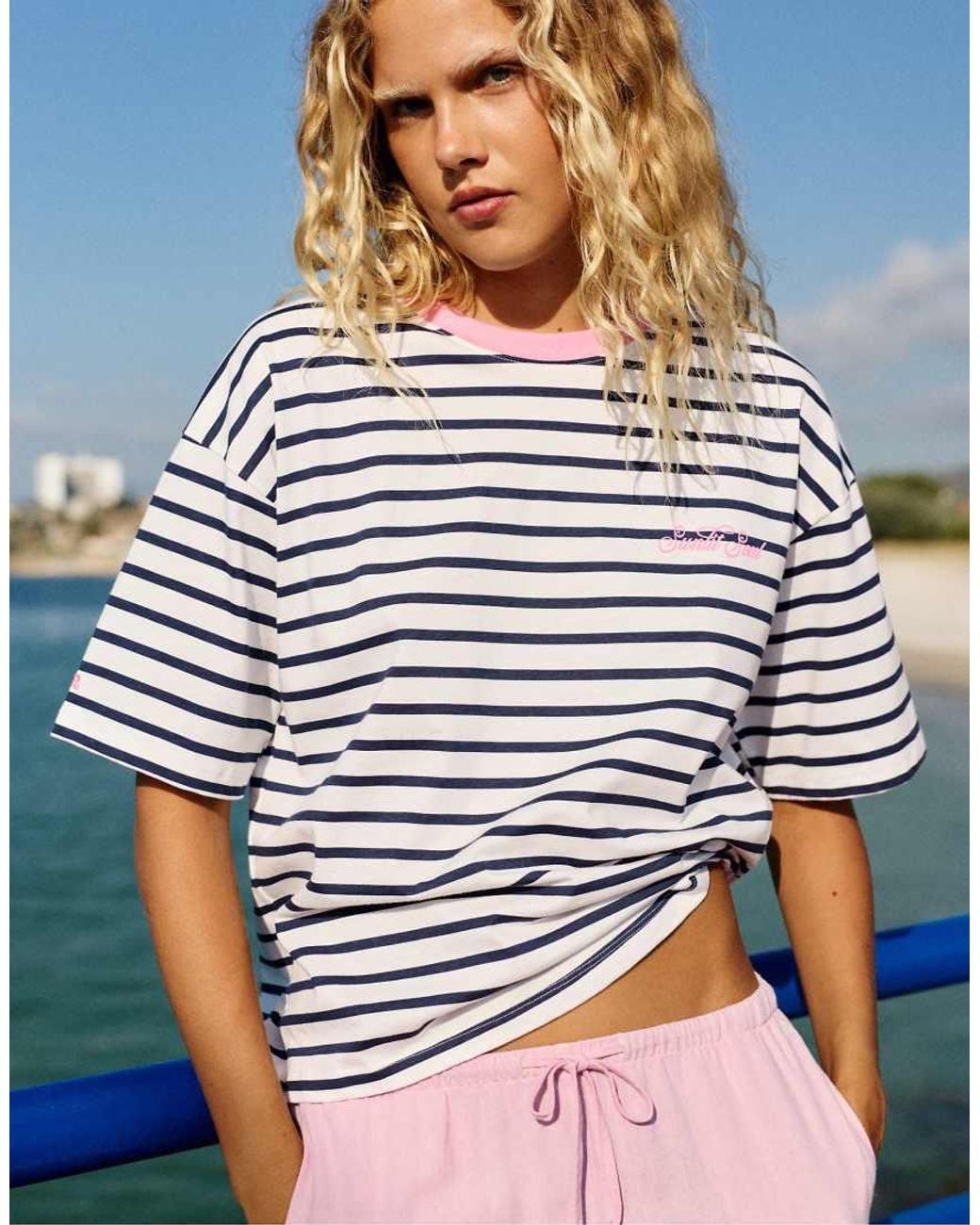 Pull&Bear Blue Striped Ribbed Text T-shirt