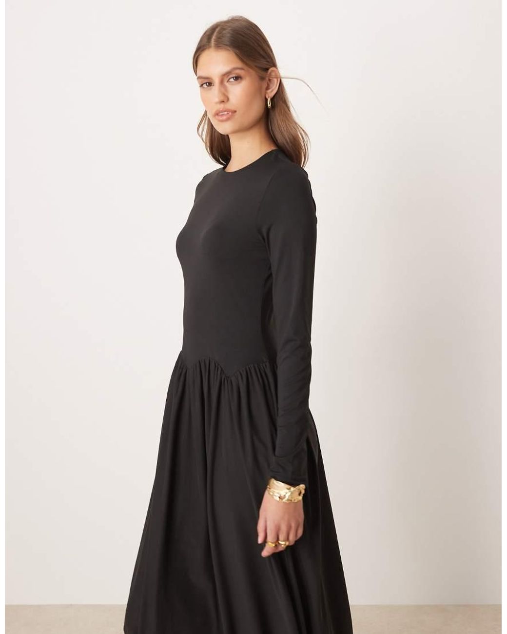 ASOS Black Slash Neck Hybrid Scalloped Waist Detail Midi Dress