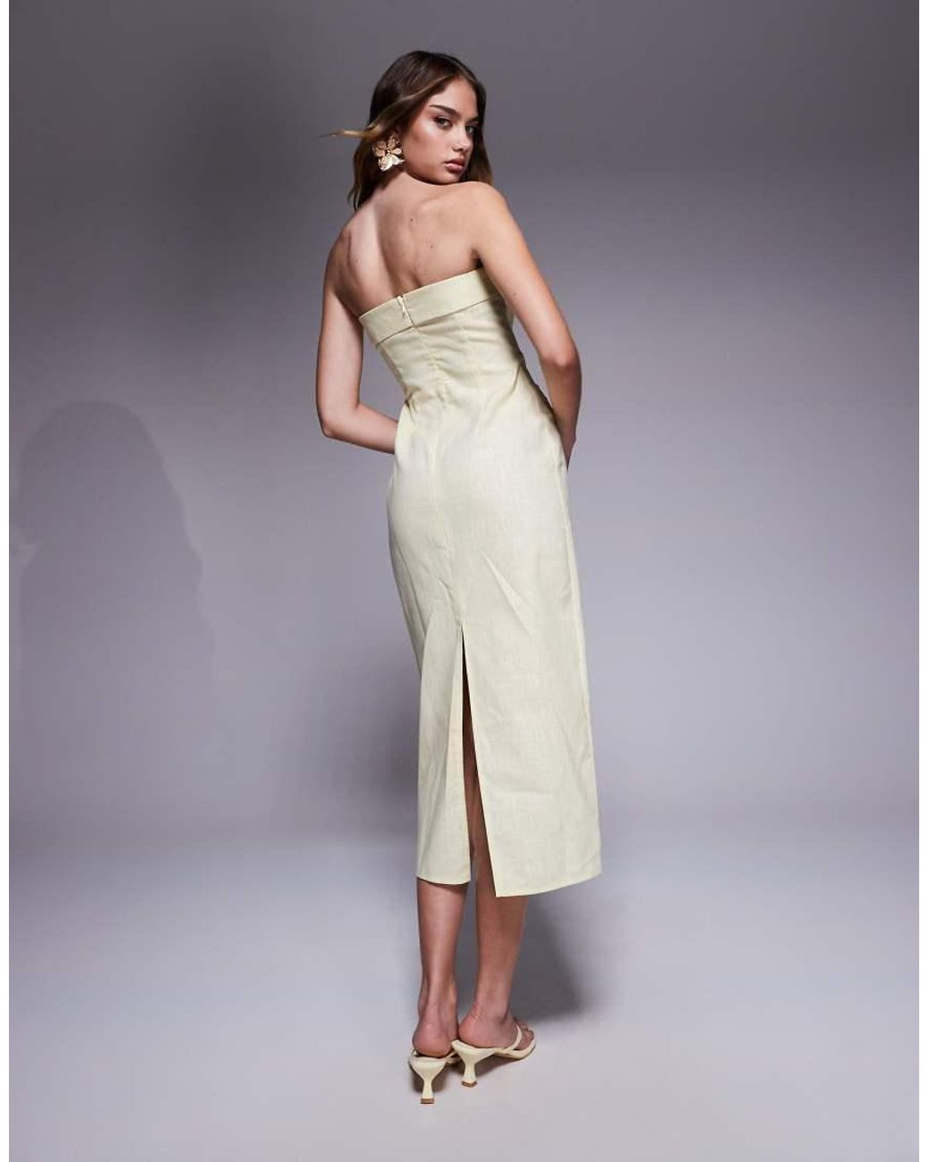 Kaiia Purple Exclusive Linen Look Tailored Fold Over Bandeau Pocket Detail Midaxi Dress