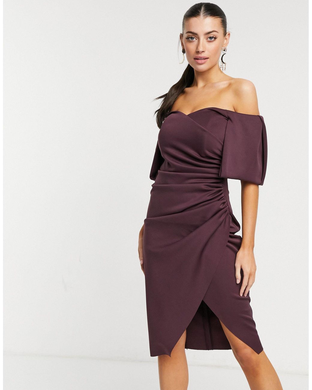 off shoulder wrap skirt midi dress