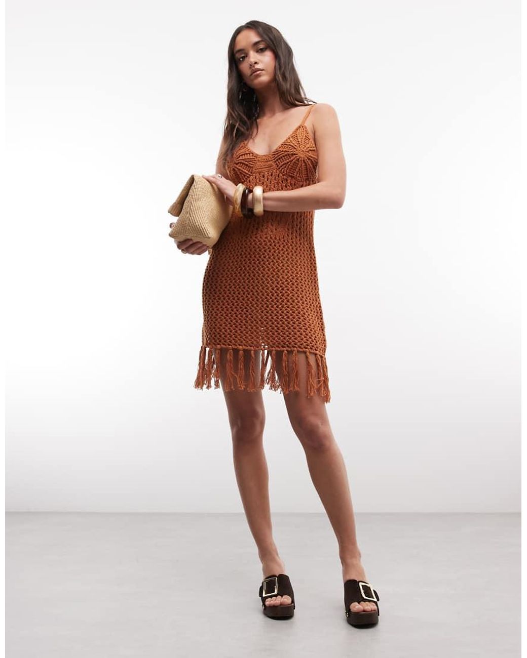 ASOS Brown Premium Hand Crochet Fringe Midi Dress