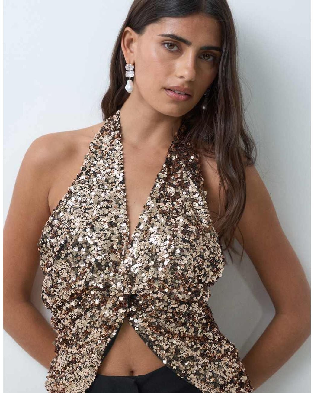 ASOS Multicolor Sequin Plunged Front Top