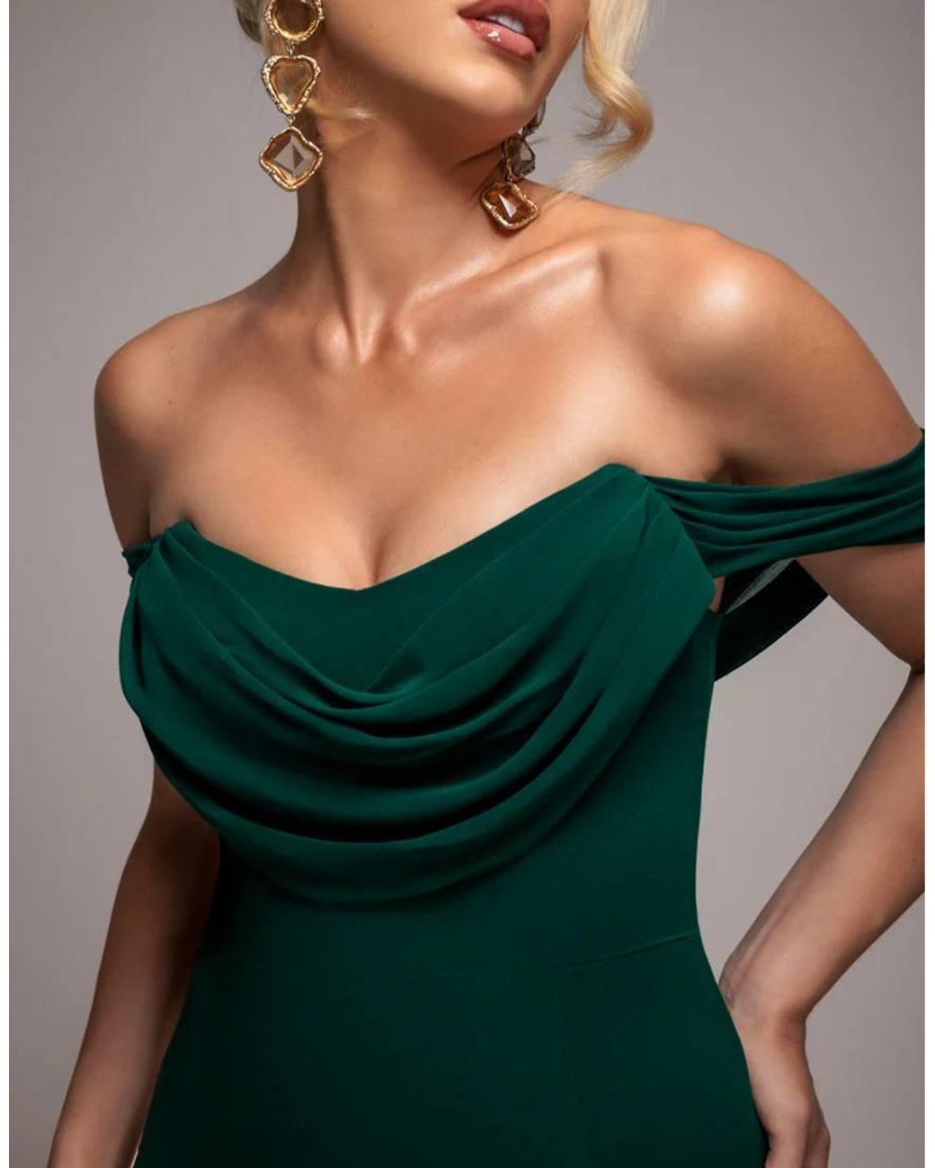 Goddiva Green Chiffon Bardot Cowl Neck Maxi Dress