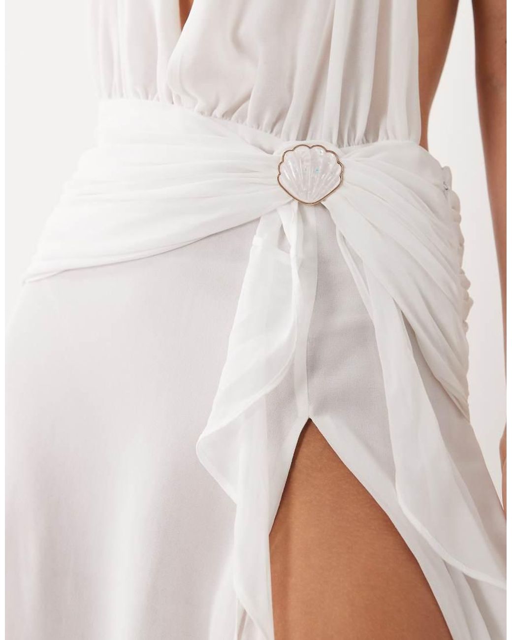 Oh Polly Natural Mesh Plunge Cowl Halter Neck Thigh Split Beach Maxi Dress
