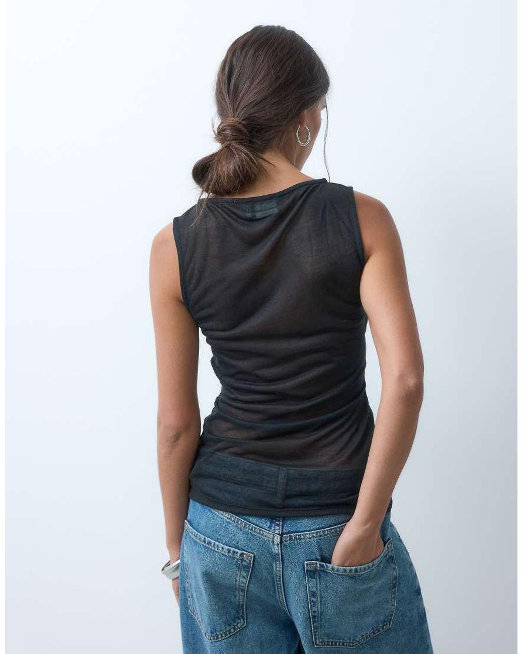 ASOS Black Semi Sheer Knit Look Tank With Ruched Bust Overlay
