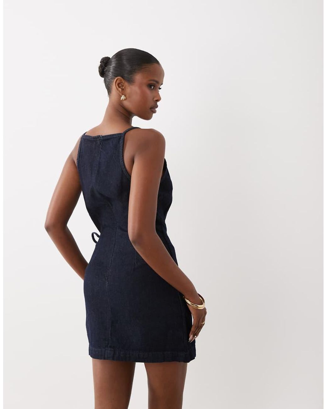 Mango Blue 100% Cotton Denim Tie Waist Mini Dress