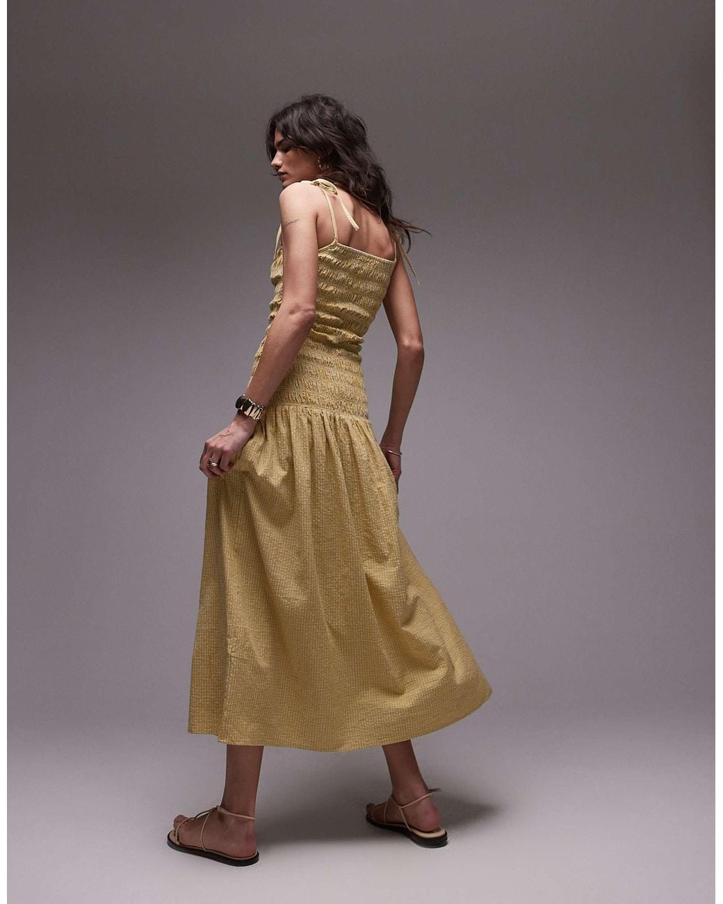TOPSHOP Cami Shirred Midi Dress in Yellow | Lyst