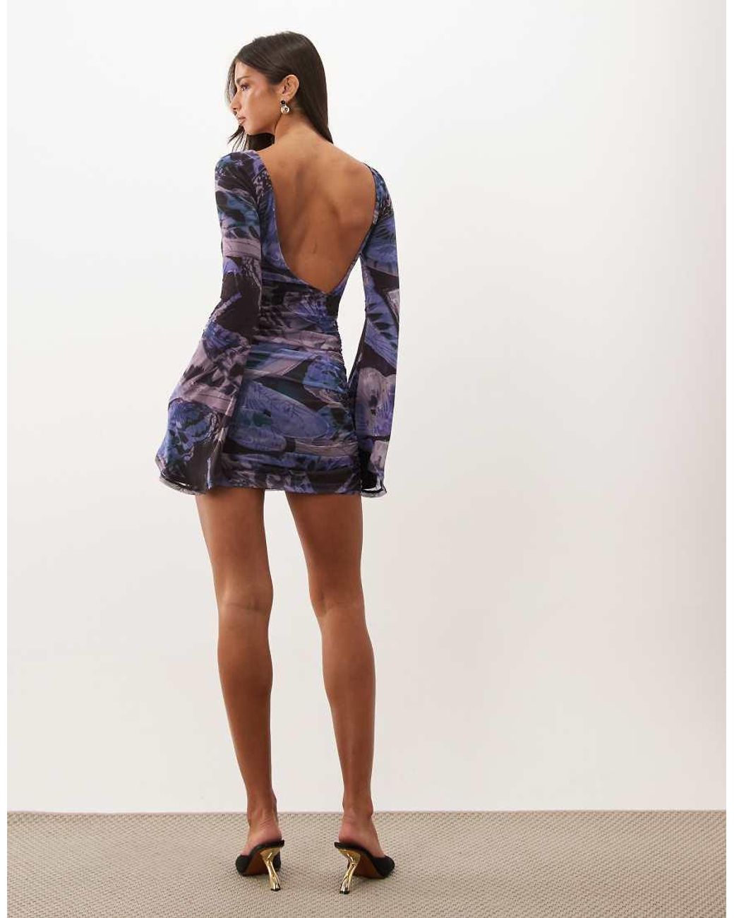 ASOS Blue Printed Mesh Waterfall Sleeve Ruched Mini Dress