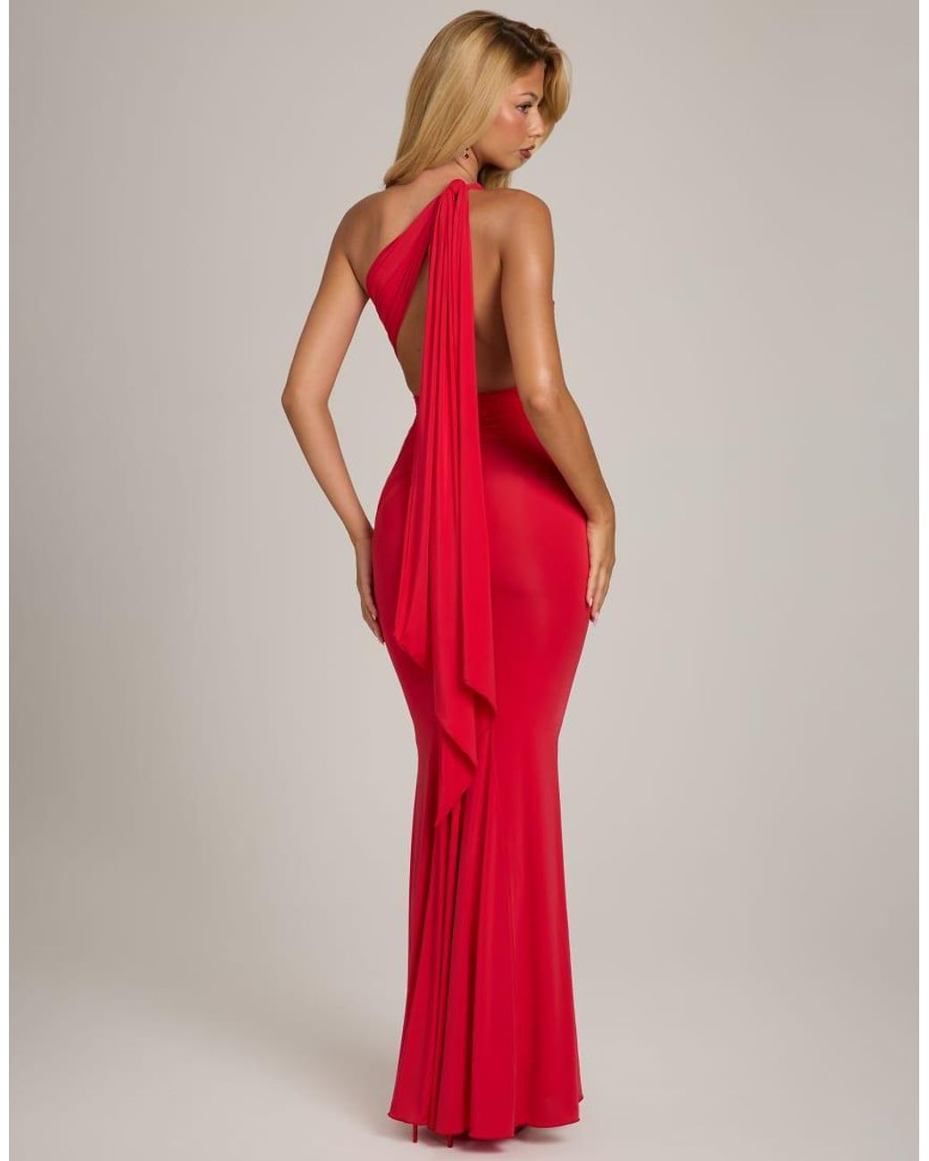 Oh Polly Red Slinky One Shoulder Asymmetric Tie Back Detail Maxi Dress