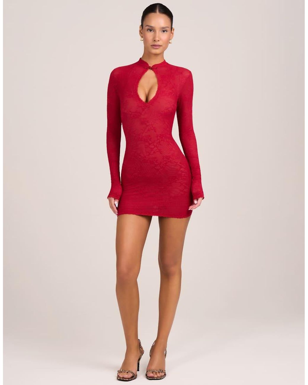 Oh Polly Red Lace Mesh Mandarin Collar Mini Dress