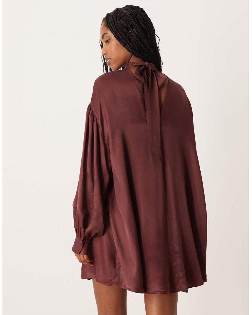 ASOS Red High Neck Blouson Sleeve Open Back Satin Slip Mini Dress
