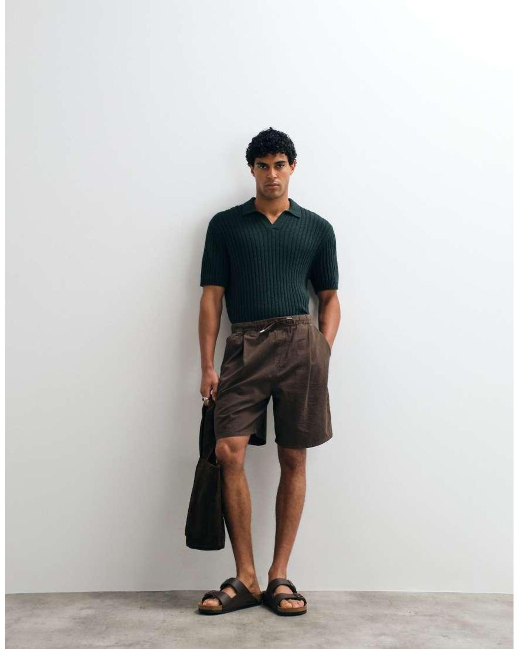 ASOS Natural Oversized Knit Ribbed Texture Polo for men