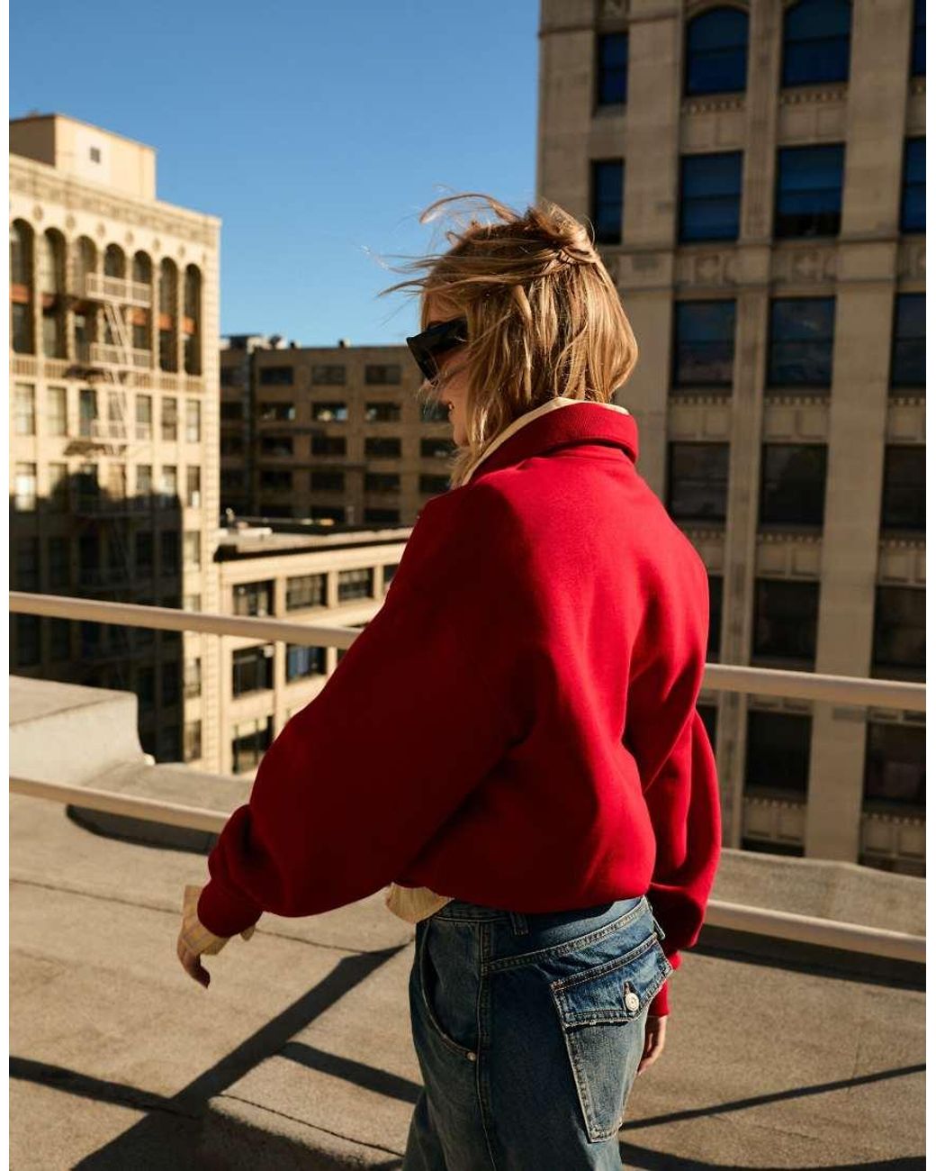 Bershka Red High Neck Zip-Up Sweatshirt
