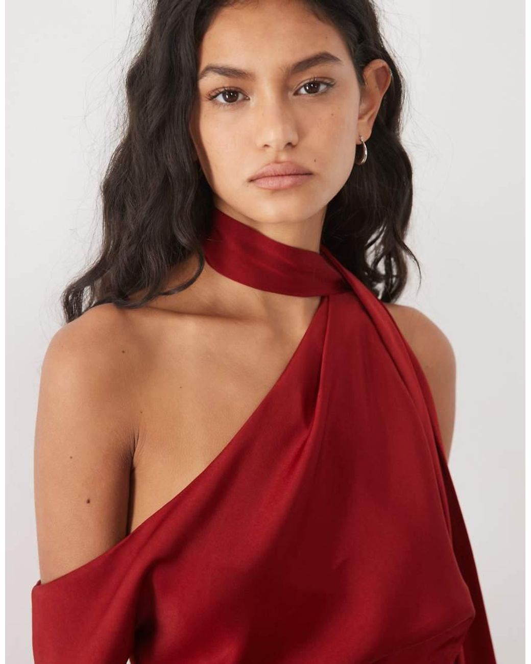 ASOS Red Satin Fallen Shoulder Playsuit With Tie Neck