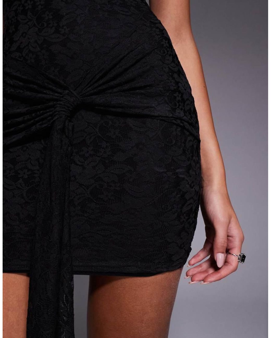 Kaiia Black Exclusive Lace Off Shoulder Drape Waist Detail Mini Dress