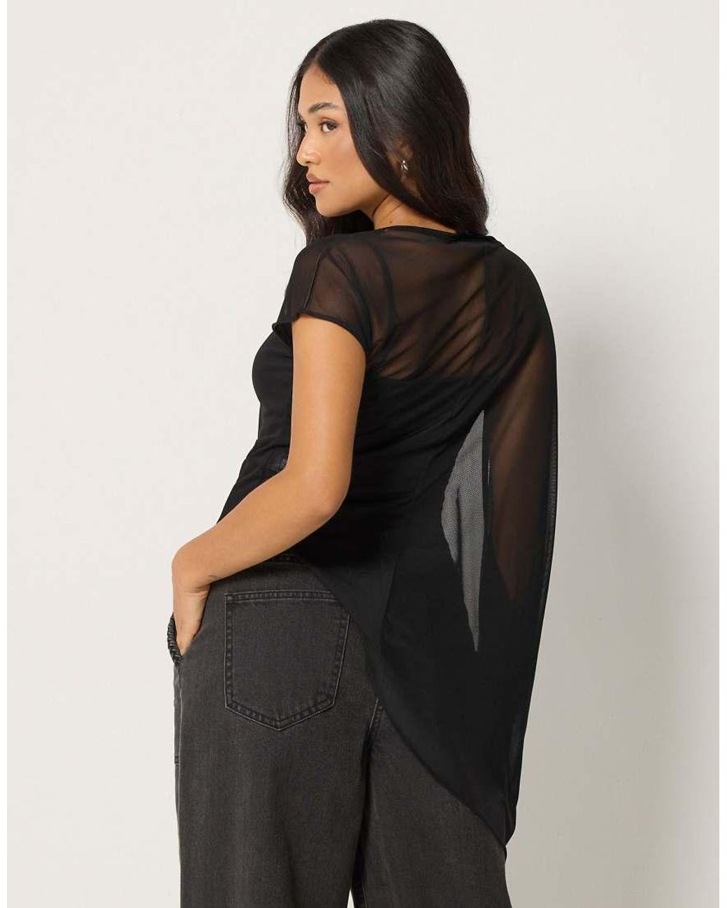 PixieGirl Black Petite Mesh Asymmetric Cape Top
