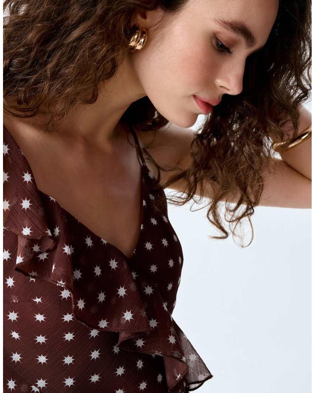 OMNES Red Tops Francie Chiffon Cami Top With Asymmetric Ruffles