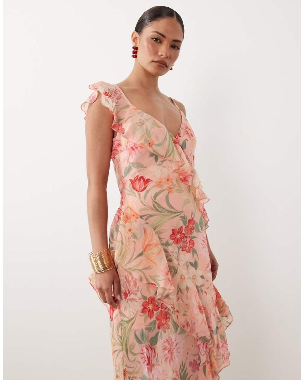 New Look Pink Floral Asymmetric Chiffon Midi Dress