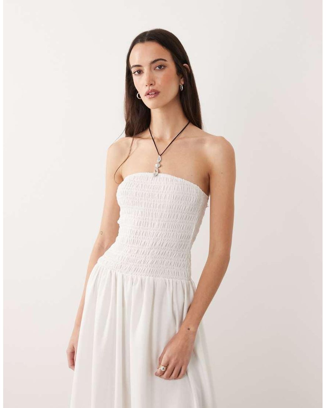 Brave Soul Natural Strapless Midi Dress With Shirred Bodice
