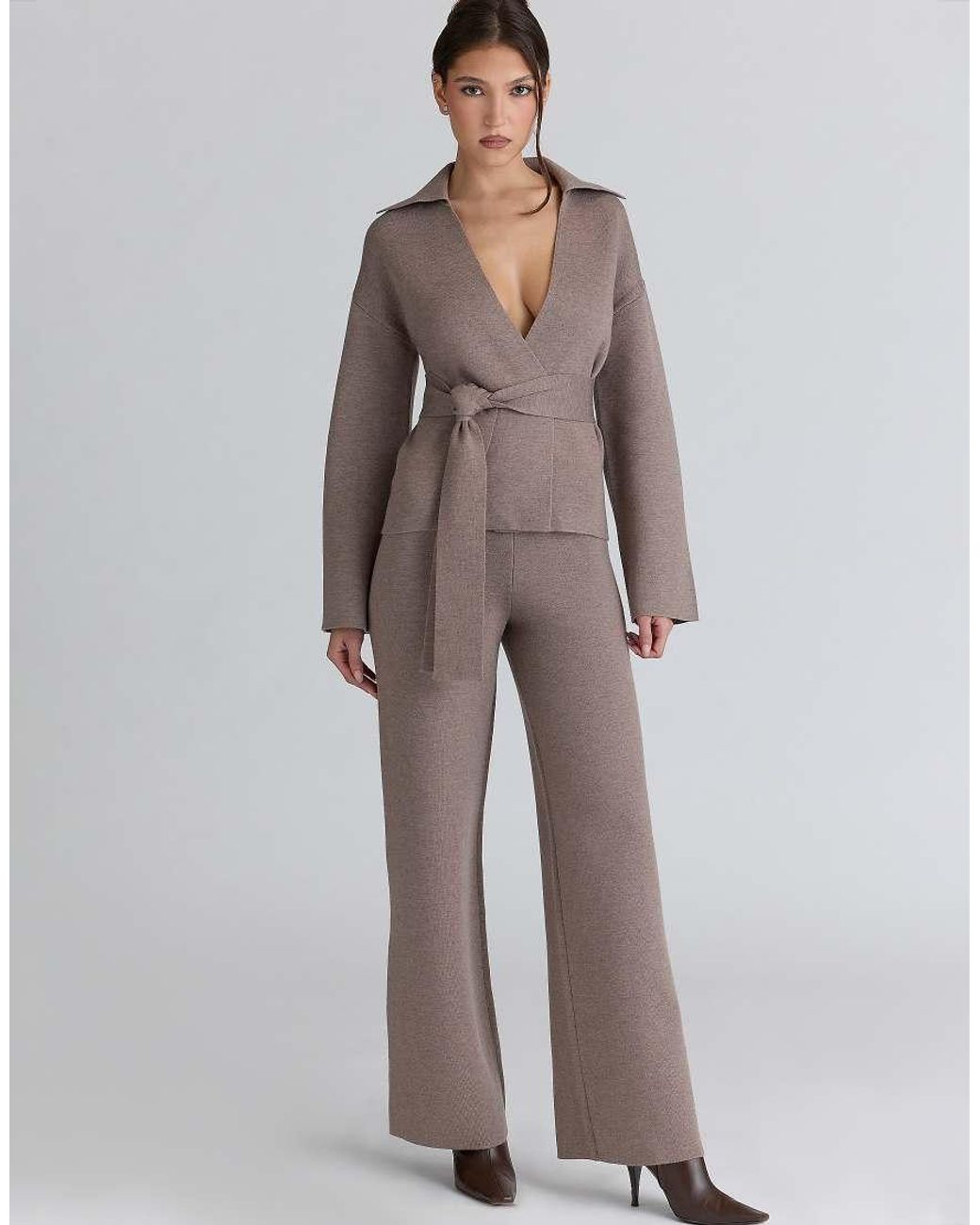 House Of Cb Brown Avery Taupe Wool Wide Leg Trousers
