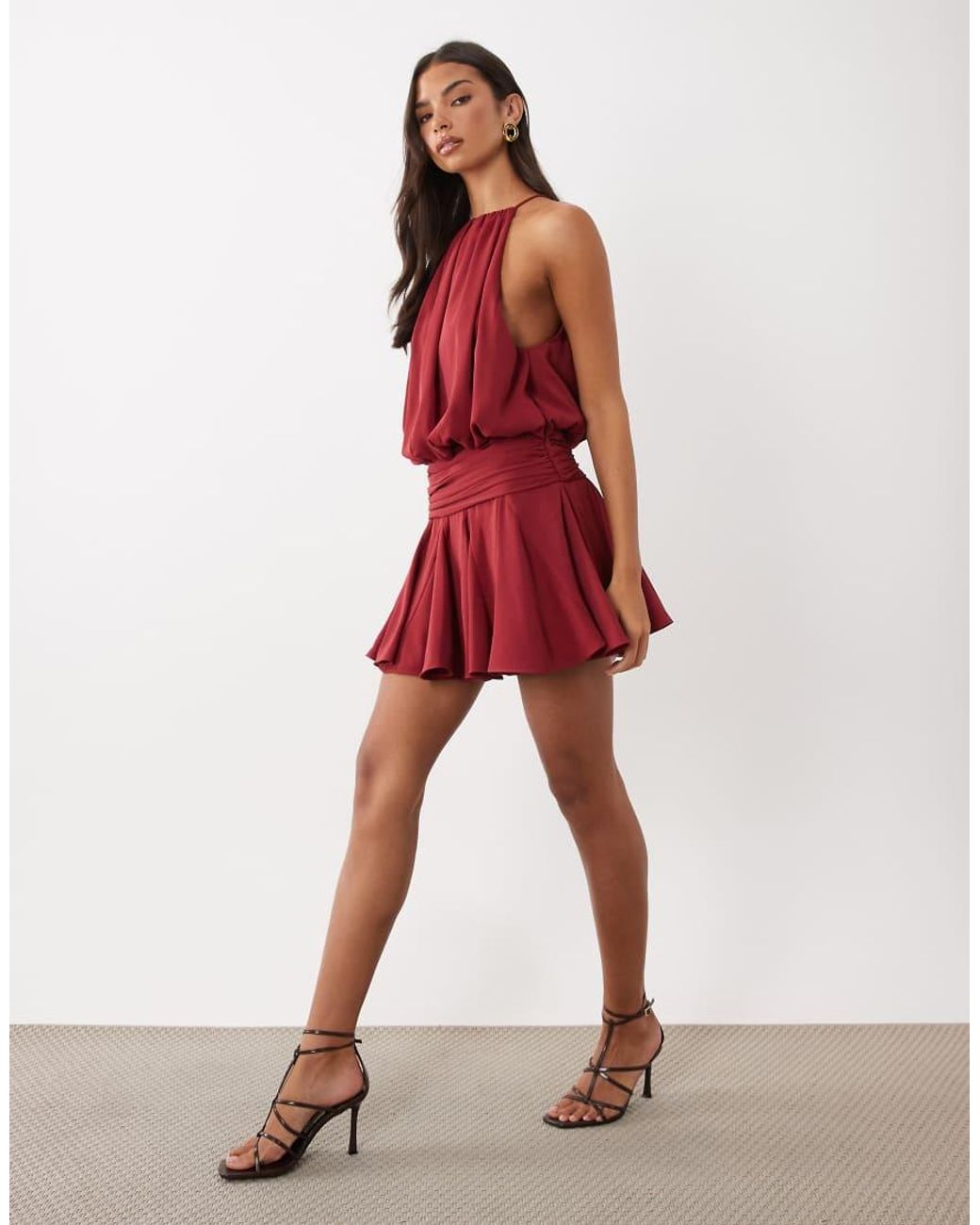 ASOS Red Satin High Neck Drop Waist Flippy Mini Dress