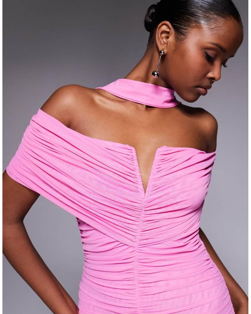 Ruched & Ready Pink Sculpting Mesh Bardot V Front Bodycon Maxi Dress