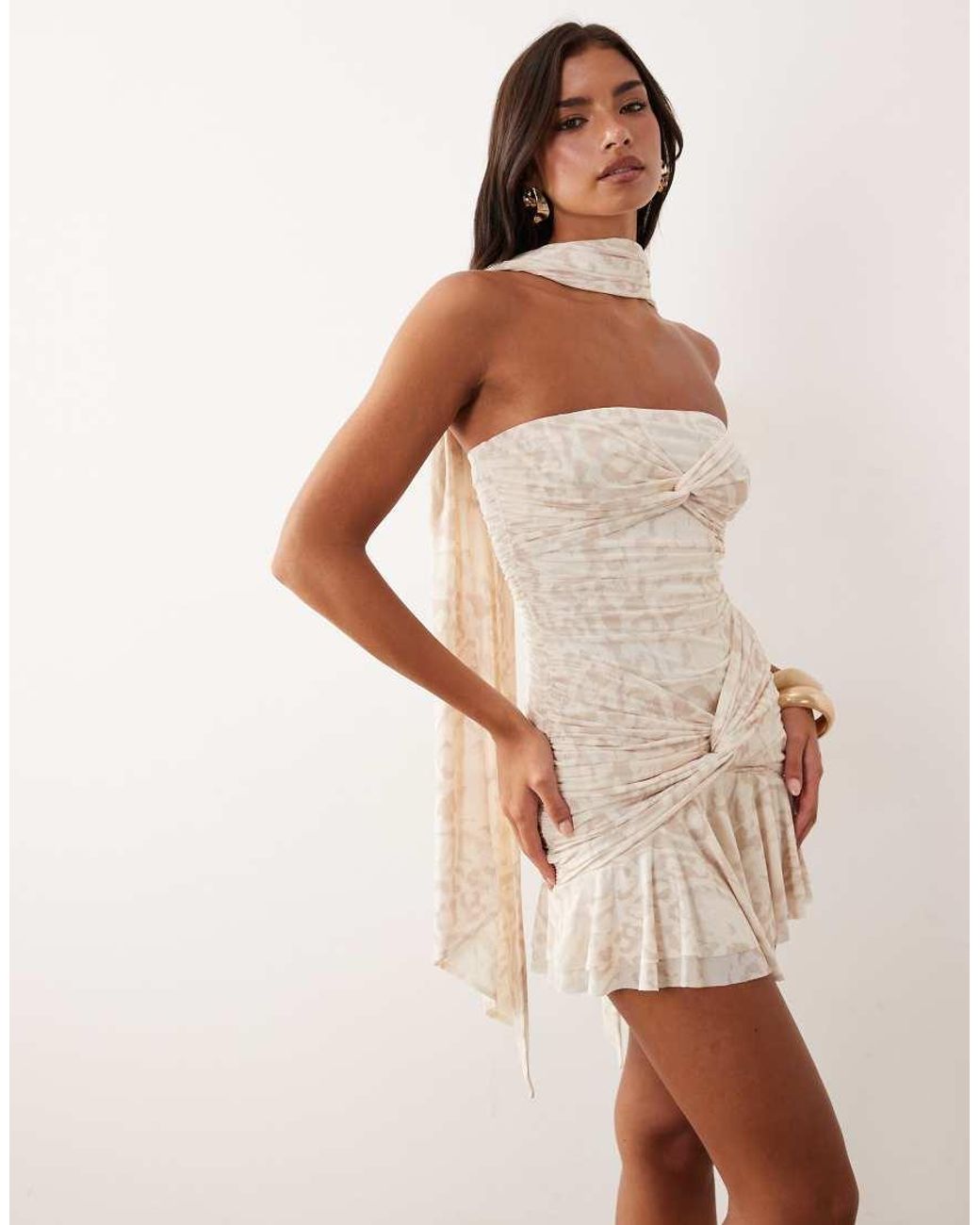 AFRM Natural Ineson Scarf Neck Detail Mini Dress