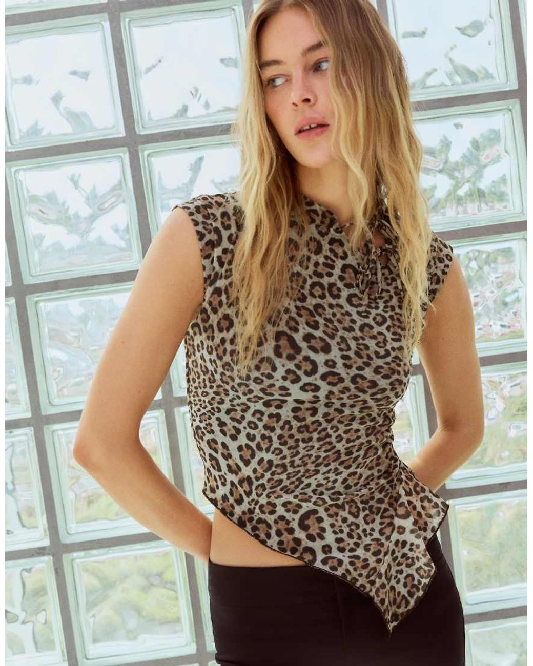 Bershka Brown Short Sleeve Tulle Leopard Print T-shirt