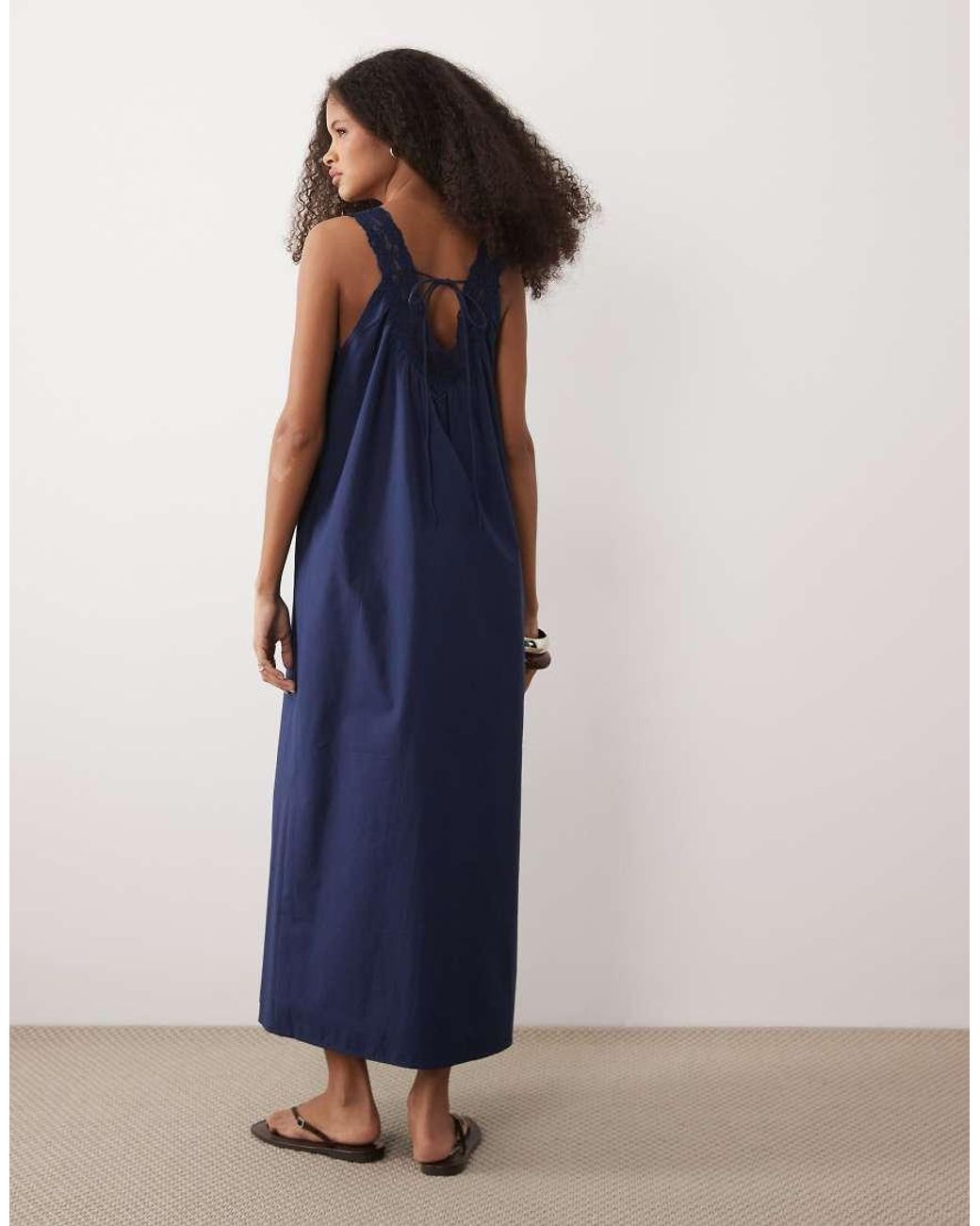 ASOS Blue V Neck Smock Poplin Maxi Sundress With Lace Overlay