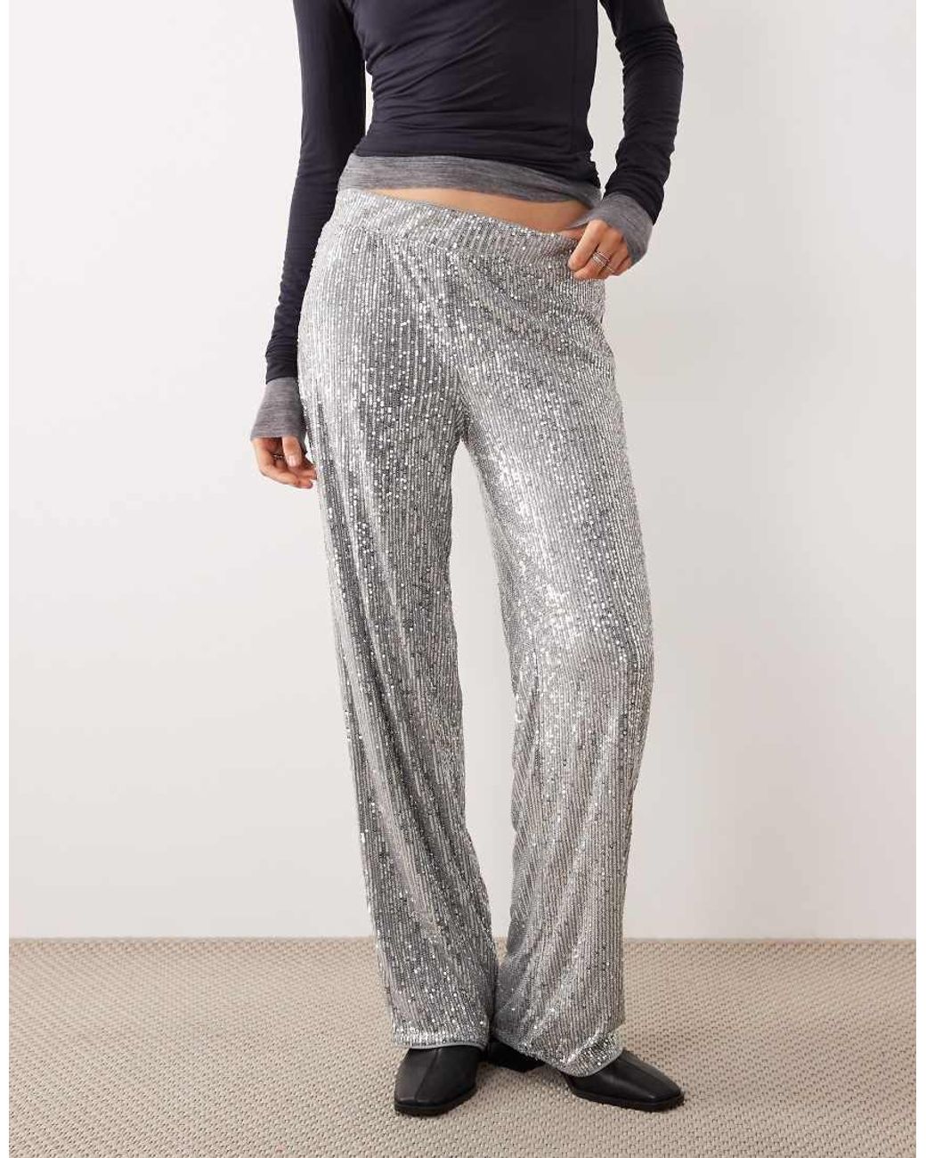 Noisy May Gray High Waist Pull On Sequin Trousers